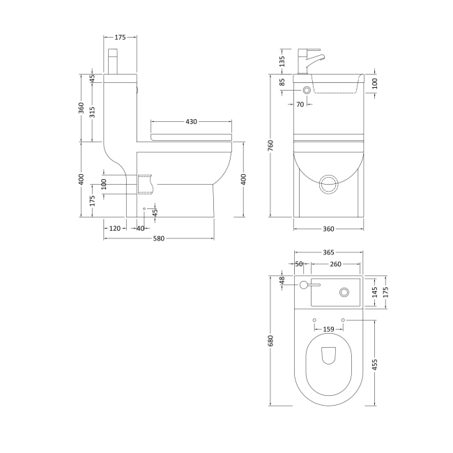 Delphi P2 Compact Combi Close Coupled Toilet and Integrated Basin (inc Tap)  | Dimension Image