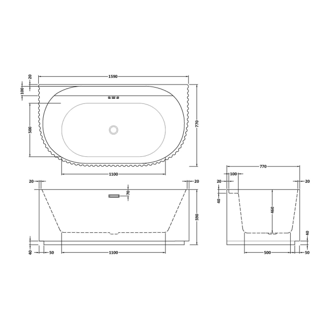 Delphi Paradise Fluted D-Shaped Back-to-Wall Freestanding Bath 1600mm x 780mm  | Dimension Image