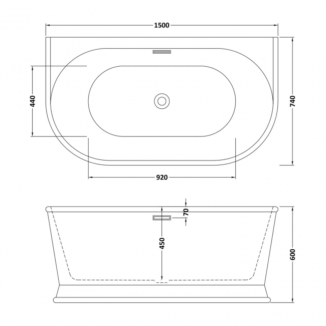 Delphi Paradise Skirted D-Shaped Back-to-Wall Freestanding Bath 1500mm x 740mm  | Dimension Image