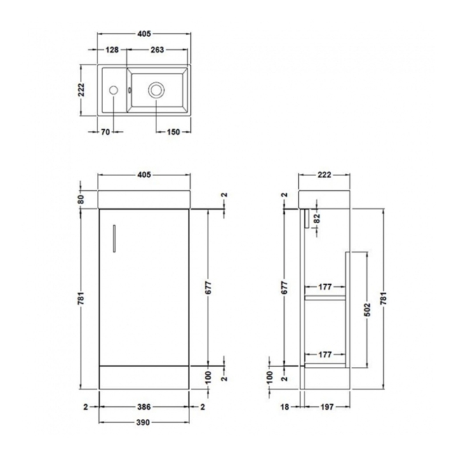 Delphi Pavilion White 400mm 1-Door Floor Standing Vanity Unit (inc Cloakroom Basin)  | Dimension Image