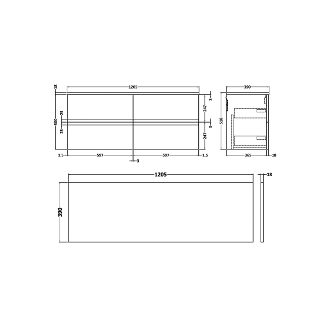 Delphi Penthouse Satin Blue 1200mm 4-Drawer Wall Hung Countertop Vanity Unit  | Dimension Image