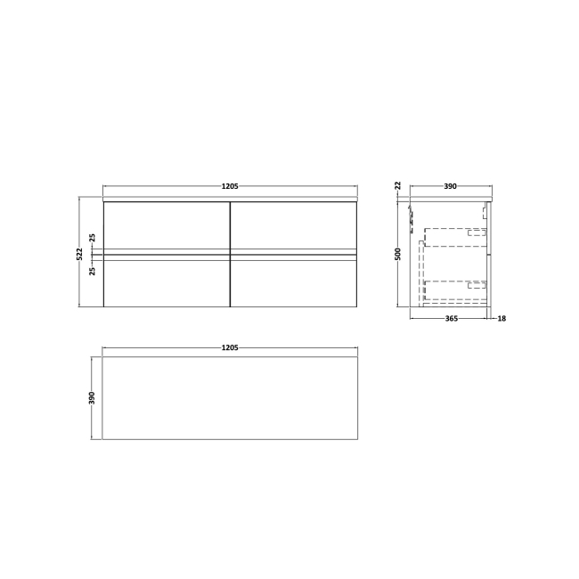 Delphi Penthouse Satin Blue 1200mm 4-Drawer Wall Hung Premium Countertop Vanity Unit  | Dimension Image