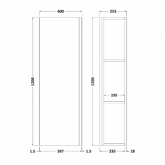 Delphi Penthouse Satin Grey 400mm 1-Door Wall Hung Tall Unit  | Dimension Image