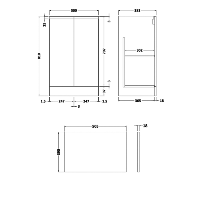 Delphi Penthouse Satin Blue 500mm 2-Door Floor Standing Countertop Vanity Unit  | Dimension Image