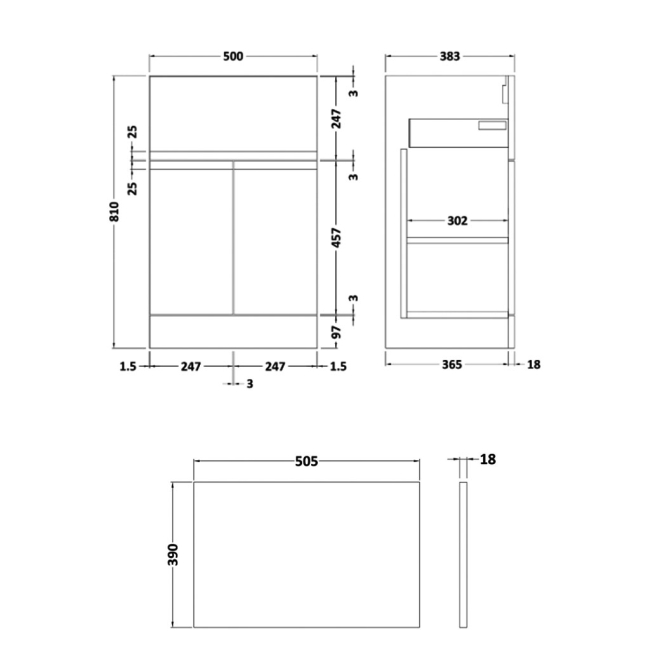 Delphi Penthouse Satin Blue 500mm 2-Door 1-Drawer Floor Standing Countertop Vanity Unit  | Dimension Image