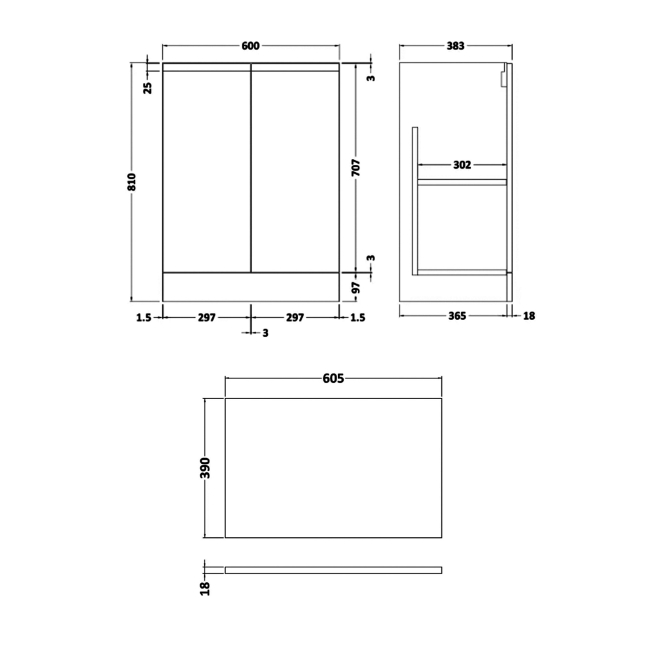 Delphi Penthouse Satin Blue 600mm 2-Door Floor Standing Countertop Vanity Unit  | Dimension Image
