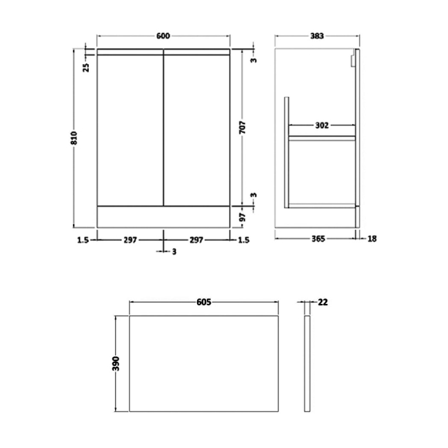 Delphi Penthouse Satin Blue 600mm 2-Door Floor Standing Premium Countertop Vanity Unit  | Dimension Image