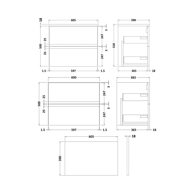 Delphi Penthouse Satin Blue 600mm 2-Drawer Wall Hung Countertop Vanity Unit  | Dimension Image