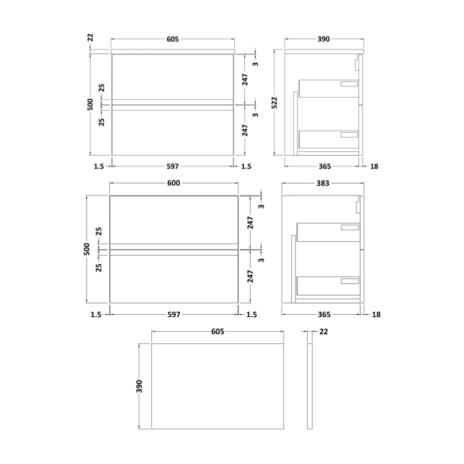 Delphi Penthouse Satin Blue 600mm 2-Drawer Wall Hung Premium Countertop Vanity Unit  | Dimension Image