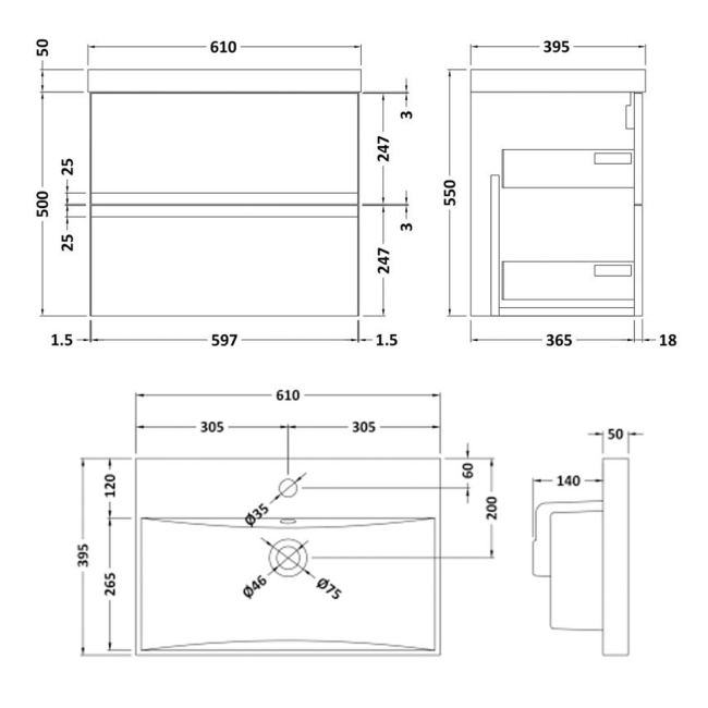 Delphi Penthouse Satin Grey 600mm 2-Drawer Wall Hung Vanity Unit (inc Basin)  | Dimension Image