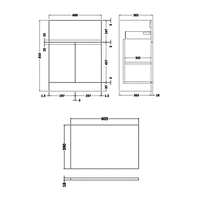 Delphi Penthouse Satin Blue 600mm 2-Door 1-Drawer Floor Standing Countertop Vanity Unit  | Dimension Image