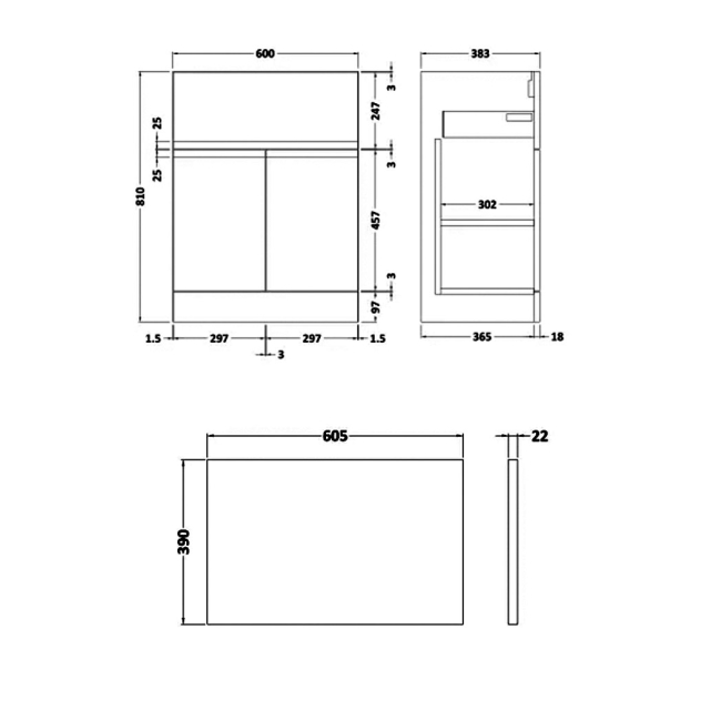 Delphi Penthouse Satin Blue 600mm 2-Door 1-Drawer Floor Standing Premium Countertop Vanity Unit  | Dimension Image