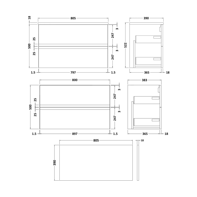 Delphi Penthouse Satin Blue 800mm 2-Drawer Wall Hung Countertop Vanity Unit  | Dimension Image
