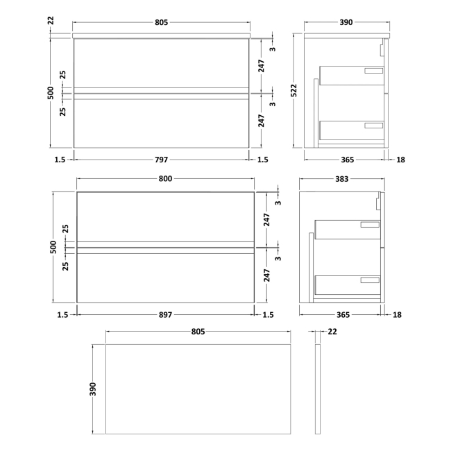Delphi Penthouse Satin Blue 800mm 2-Drawer Wall Hung Premium Countertop Vanity Unit  | Dimension Image