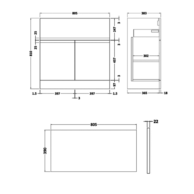 Delphi Penthouse Satin Blue 800mm 2-Door 1-Drawer Floor Standing Premium Countertop Vanity Unit  | Dimension Image