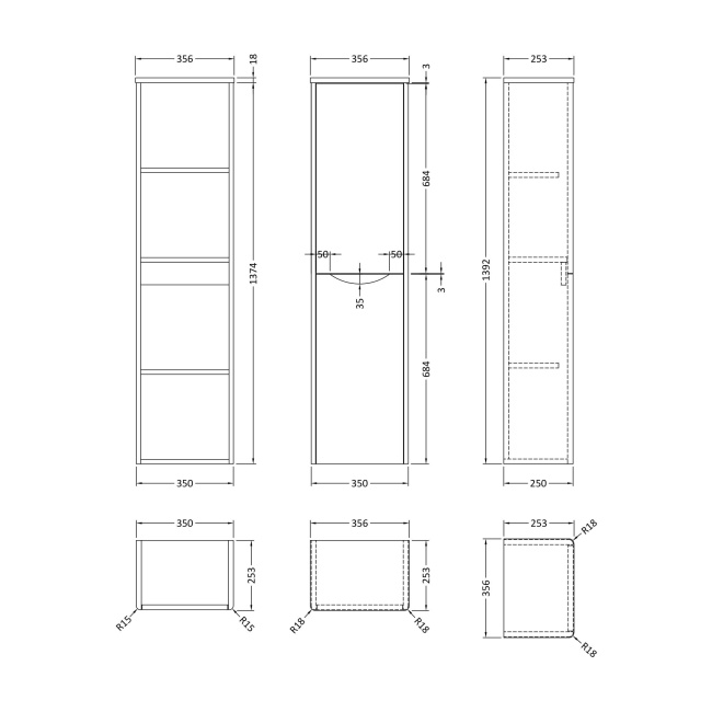 Delphi Polaris Satin Green 350mm 2-Door Wall Hung Tall Unit  | Dimension Image