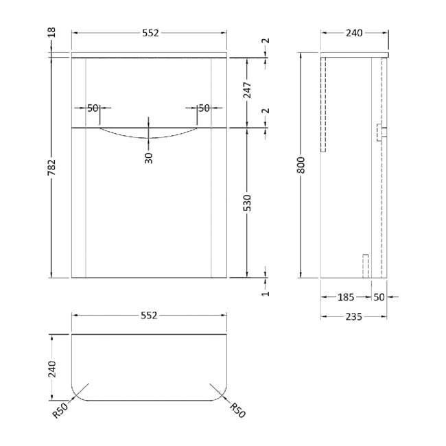 Delphi Polaris Satin Green 550mm Back to Wall Toilet WC Unit  | Dimension Image