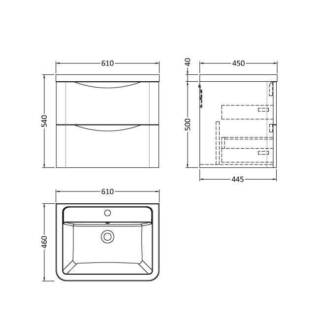 Delphi Polaris Satin Green 600mm 2-Drawer Wall Hung Vanity Unit (inc Basin)  | Dimension Image