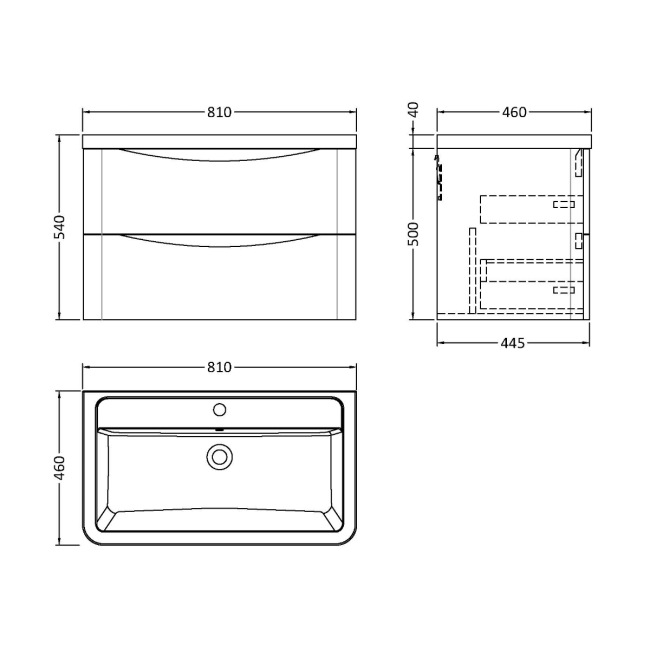 Delphi Polaris Satin Green 800mm 2-Drawer Wall Hung Vanity Unit (inc Basin)  | Dimension Image