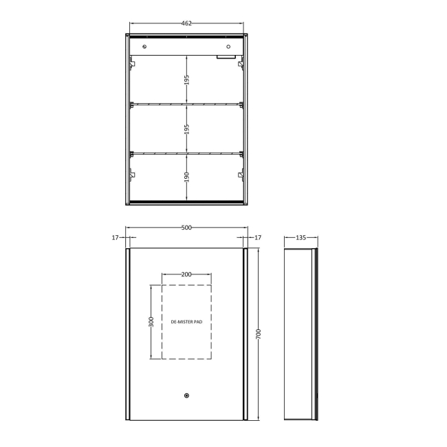 Delphi Solent 1-Door LED Touch Sensor Bathroom Mirror Cabinet 700mm x 500mm  | Dimension Image