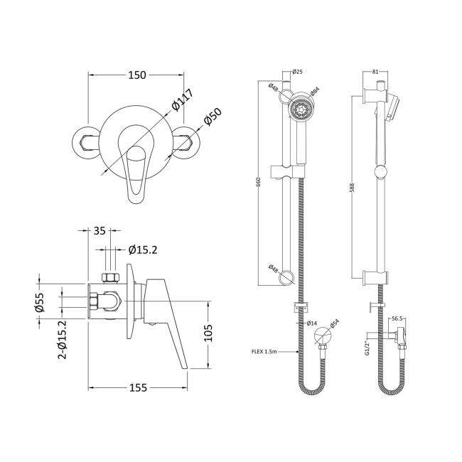 Delphi Solo Chrome Manual Concealed Shower Set with Slide Rail Kit  | Dimension Image