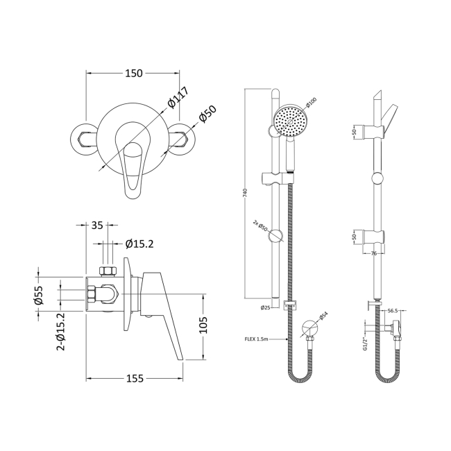 Delphi Solo Chrome Manual Concealed Shower Set with Eco Slide Rail Kit  | Dimension Image