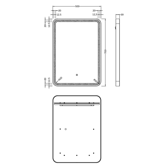 Delphi Sparta Brushed Brass Framed LED Touch Sensor Bathroom Mirror 700mm x 500mm  | Dimension Image