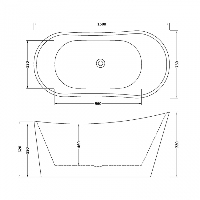 Delphi Symphony Double Ended Modern Freestanding Slipper Bath 1500mm x 750mm  | Dimension Image