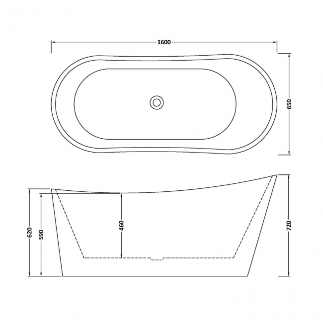 Delphi Symphony Double Ended Modern Freestanding Slipper Bath 1600mm x 650mm  | Dimension Image