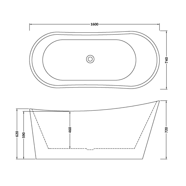 Delphi Symphony Double Ended Modern Freestanding Slipper Bath 1600mm x 740mm  | Dimension Image