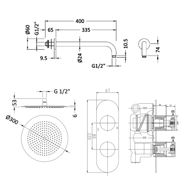 Delphi Theory Chrome Dual Concealed Shower Set with Large Drencher Head  | Dimension Image