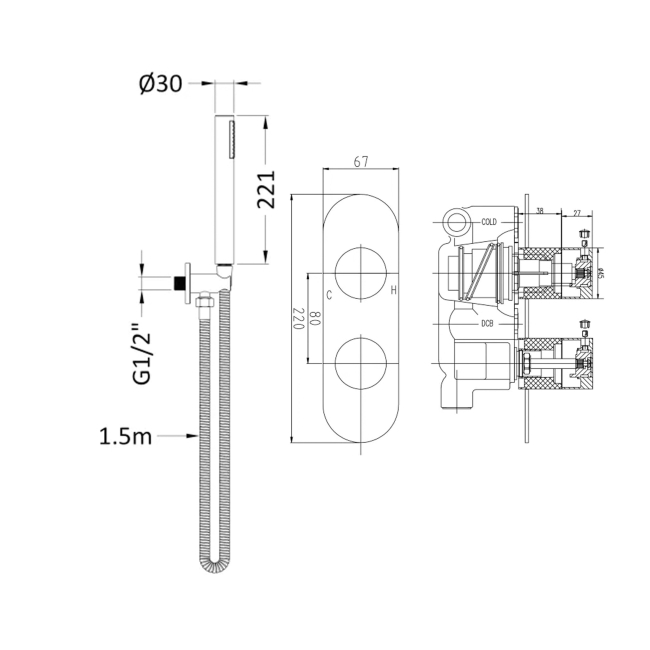 Delphi Theory Chrome Dual Concealed Shower Set with Handset and Bracket  | Dimension Image
