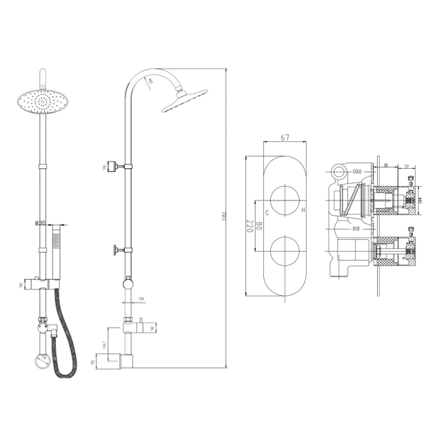 Delphi Theory Chrome Dual Concealed Shower Set with Premium Riser Kit  | Dimension Image