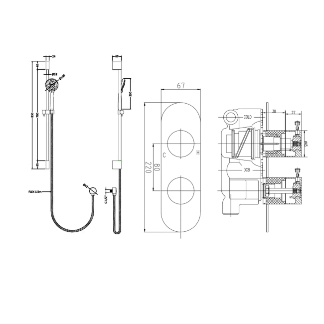 Delphi Theory Chrome Dual Concealed Shower Set with Slide Rail Kit  | Dimension Image
