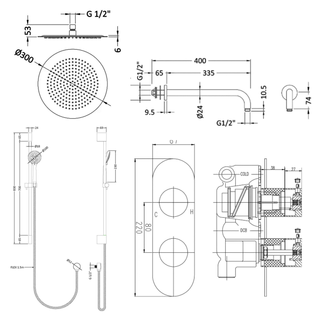 Delphi Theory Chrome Dual Concealed Shower Set with Large Drencher Head and Slide Rail Kit  | Dimension Image