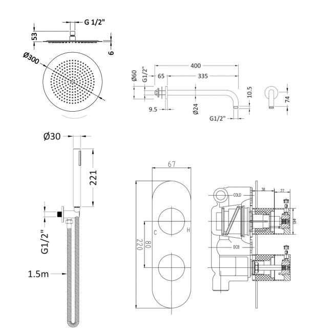 Delphi Theory Chrome Dual Concealed Shower Set with Large Drencher Head and Handset  | Dimension Image