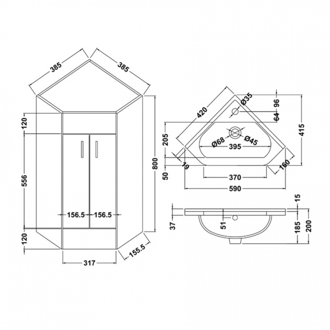 Delphi Tite Floor Standing 2-Door Corner Vanity Unit with Basin 590mm Wide - Gloss White