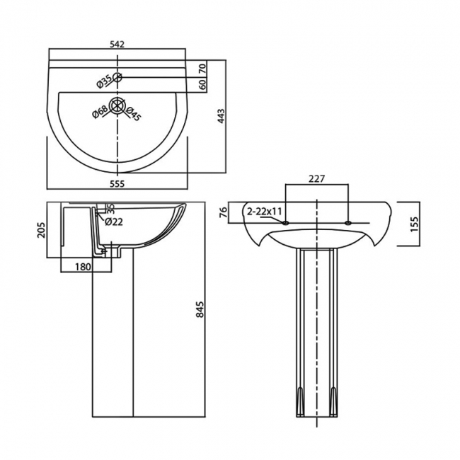 Delphi Trade Basin with Full Pedestal In A Box 550mm Wide - 1 Tap Hole
