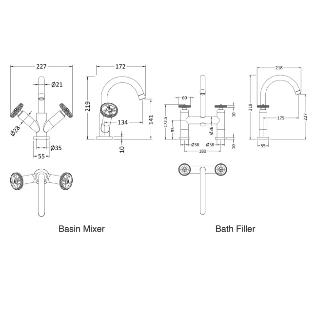 Delphi Turbine Chrome Basin Mixer and Bath Filler Tap Set (inc Press Top Waste)  | Dimension Image
