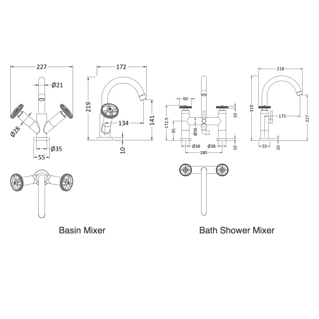 Delphi Turbine Chrome Basin Mixer and Bath Shower Mixer Tap Set (inc Shower Kit and Press Top Waste)  | Dimension Image