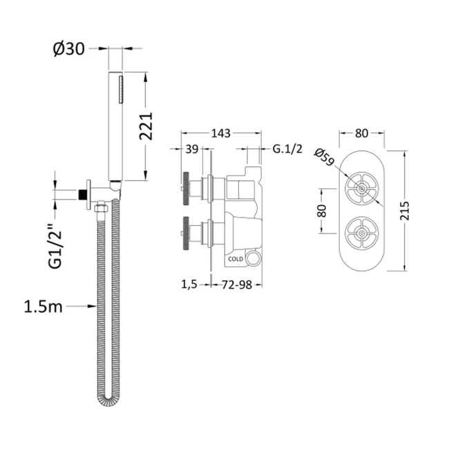 Delphi Turbine Chrome Dual Concealed Shower Set with Handset and Bracket  | Dimension Image
