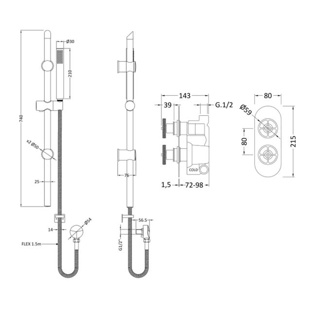 Delphi Turbine Brushed Brass Dual Concealed Shower Set with Slide Rail Kit  | Dimension Image