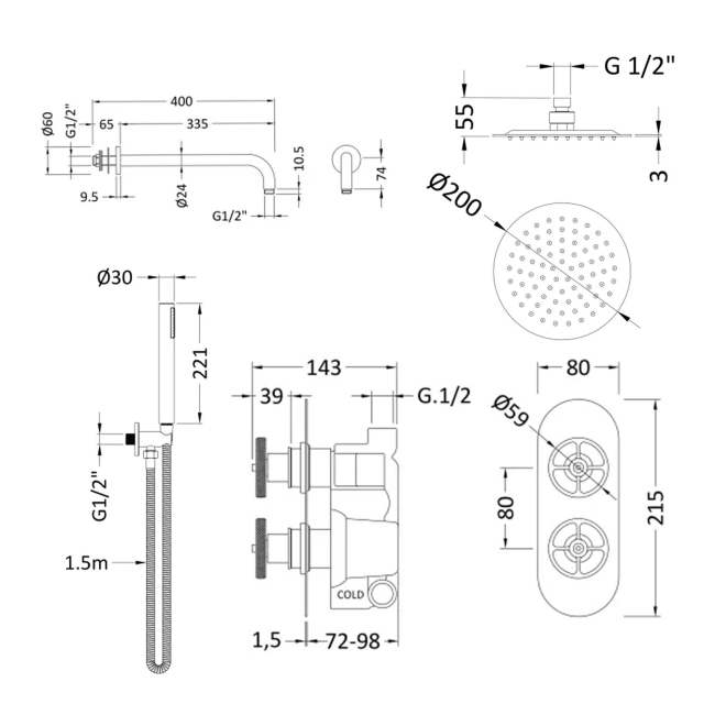 Delphi Turbine Chrome Dual Concealed Shower Set with Fixed Head and Handset  | Dimension Image