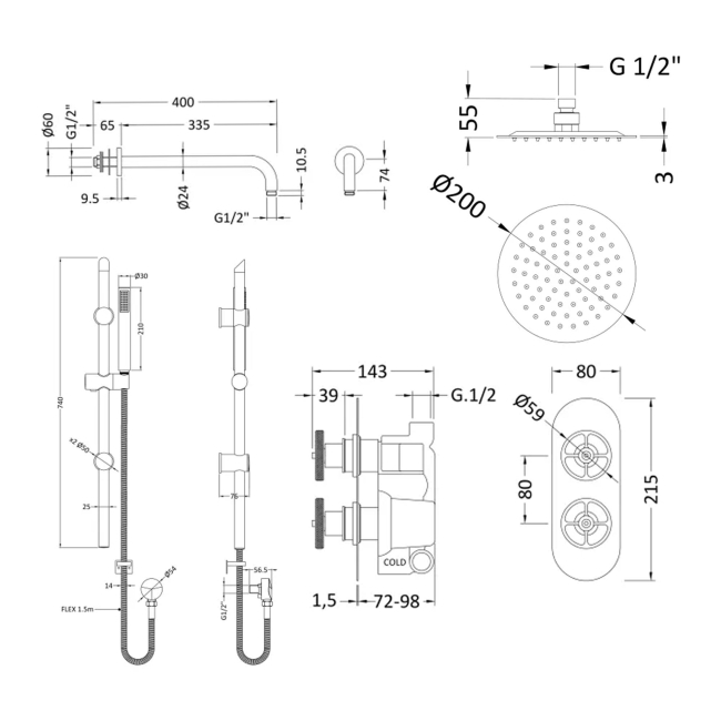 Delphi Turbine Brushed Brass Dual Concealed Shower Set with Fixed Head and Slide Rail Kit  | Dimension Image