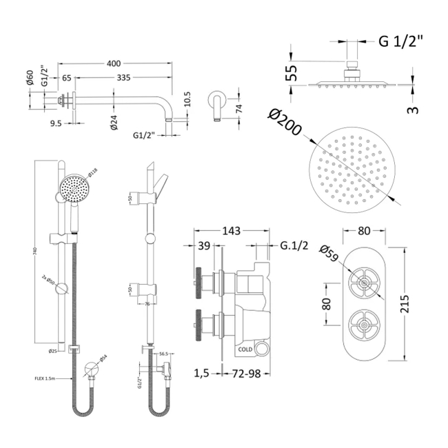 Delphi Turbine Chrome Dual Concealed Shower Set with Fixed Head and Slide Rail Kit  | Dimension Image