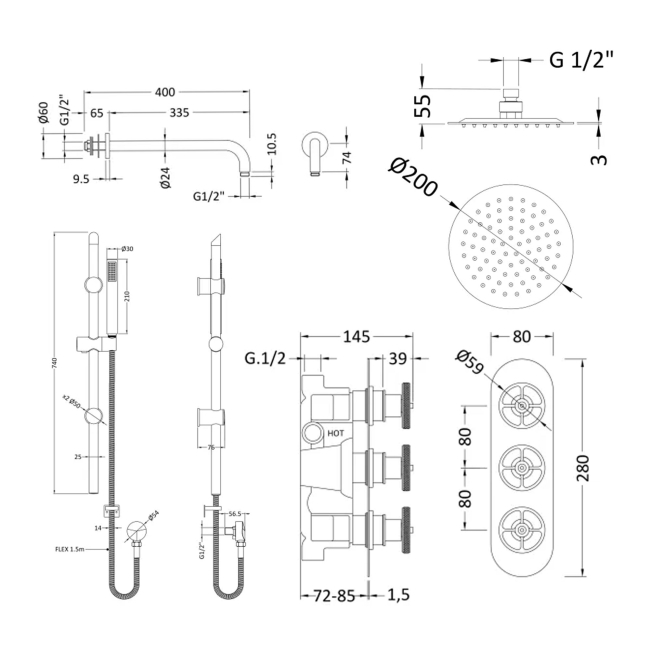 Delphi Turbine Brushed Brass Triple Concealed Shower Set with Fixed Head and Slide Rail Kit  | Dimension Image