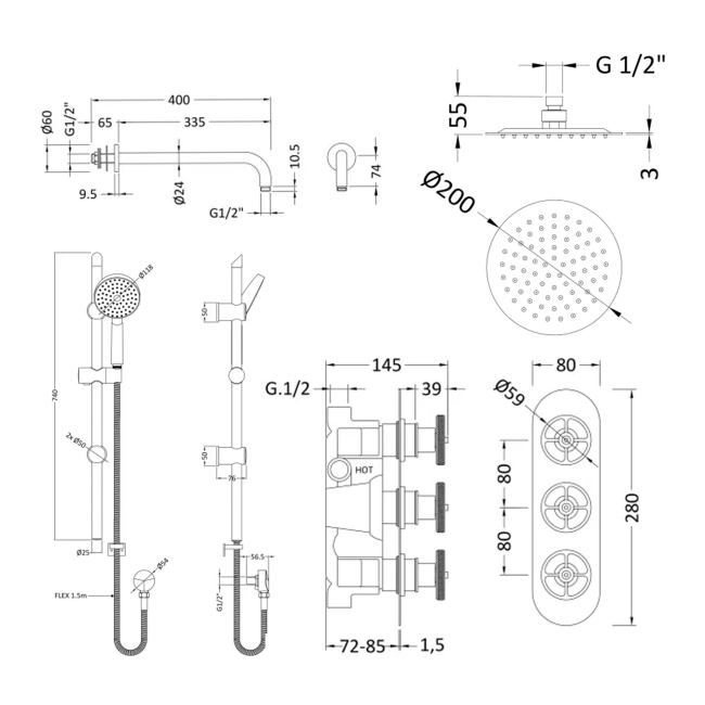 Delphi Turbine Chrome Triple Concealed Shower Set with Fixed Head and Slide Rail Kit  | Dimension Image