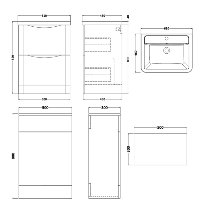 Delphi Vega Satin White 1100mm 2-Drawer Waterproof Bathroom Furniture Combination Unit  | Dimension Image