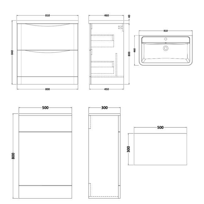 Delphi Vega Satin White 1300mm 2-Drawer Waterproof Bathroom Furniture Combination Unit  | Dimension Image