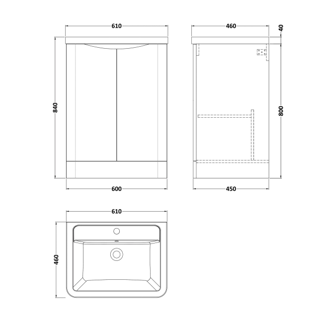 Delphi Vega Satin White 600mm 2-Door Floor Standing Waterproof Vanity Unit with Basin  | Dimension Image